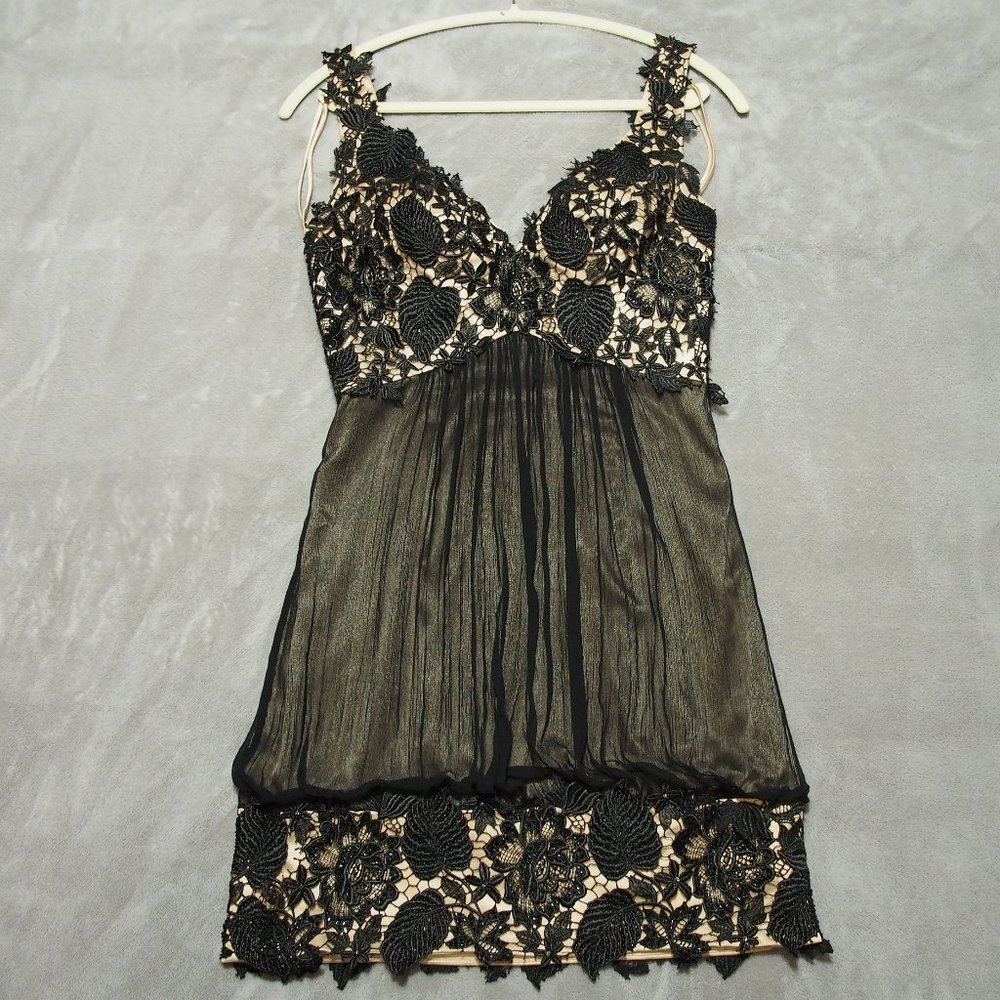 Jovani Black Lace over Nude Mini Dress